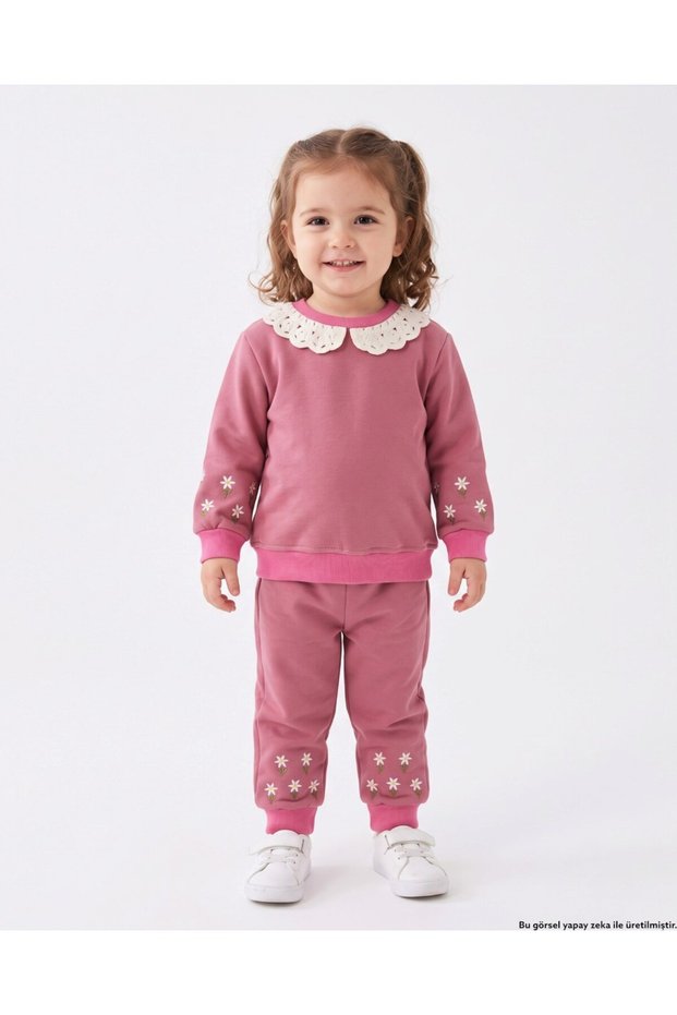Girl's Winter 3-Strand Ruffled Daisy Detailed, Collared, Thick Tracksuit Set for Ages 2-3-4-5-6
