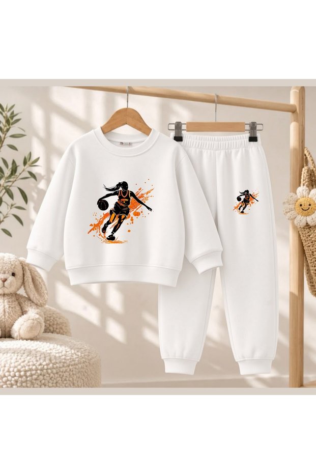 Team Sweatshirt Orange Shadow Basketball Printed Girls Boys Crew Neck