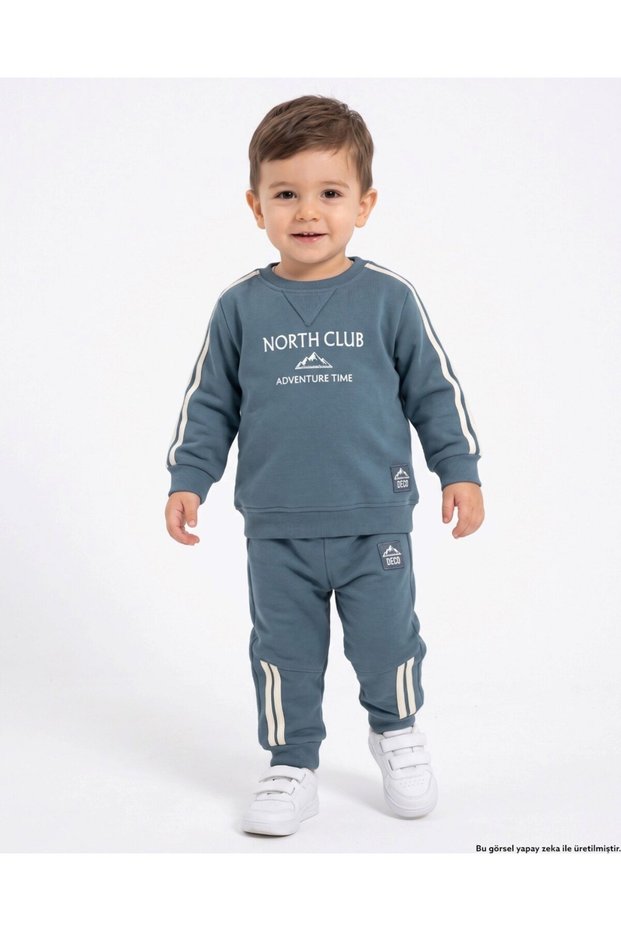 Boys' Winter 3-Thread Ribbed Print Detailed Thick Tracksuit Set for Ages 2-3-4-5-6