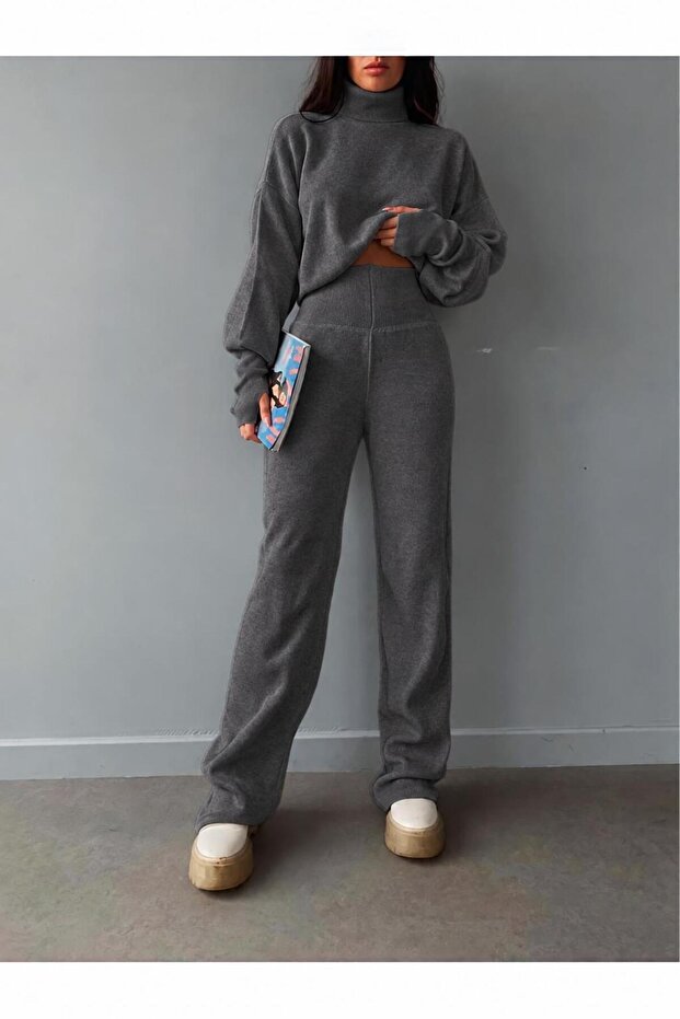 Fingerless Crop High Waist Knitwear Anthracite Gray Set