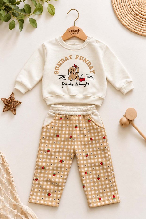 Girl baby 3-thread fleece rabbit print strawberry patterned plaid tracksuit 2-piece set winter 6-24 months