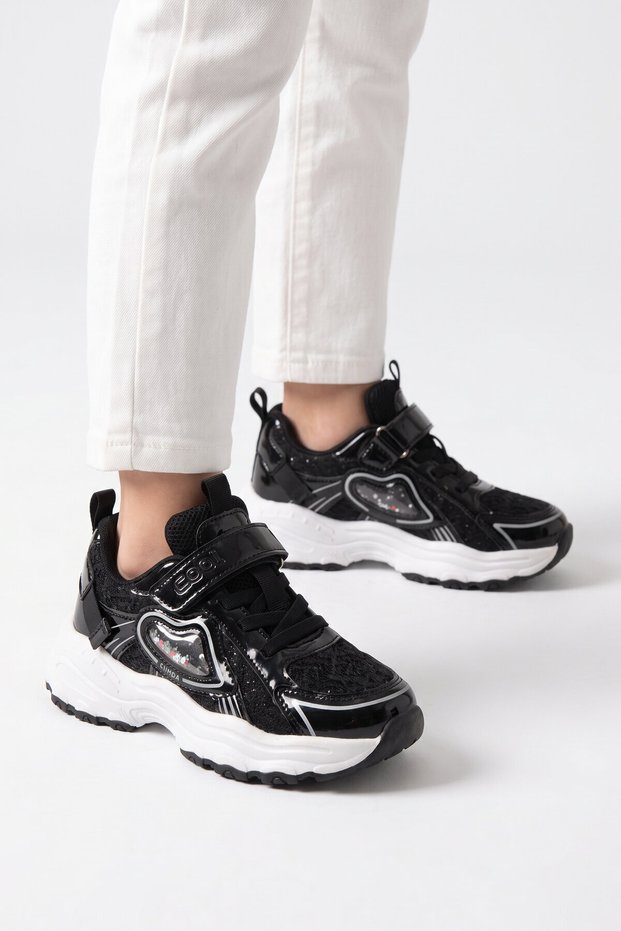 Black Patterned Velcro Strap Comfortable Sole Girls' Walking and Sports Shoes Sneaker Sımba