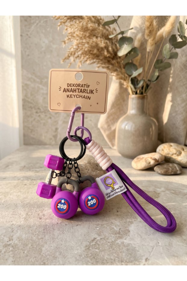 Fitness Sports Themed Keychain – Pink Keychain with Dumbbell, Kettlebell, and Weight Plate Figures