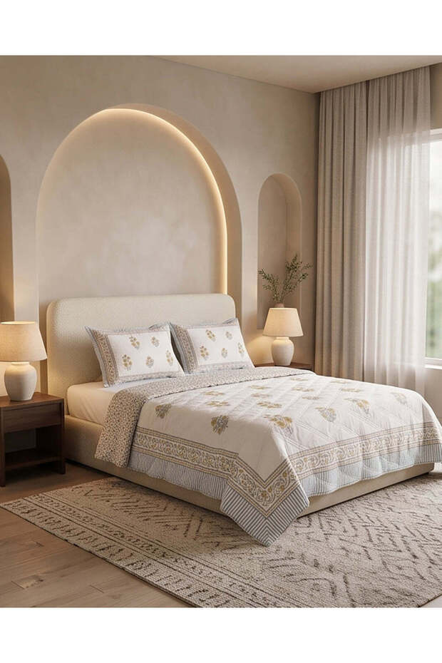 Ivory 3 Piece Jaipuri Printed Quilt (King Size)