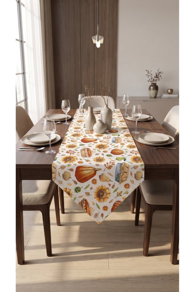 Duck Fabric Triangular End Runner 40X130 cm – Pumpkin and Sunflower Patterned, Water Repellent Stain-Resistant Fall Table Runner