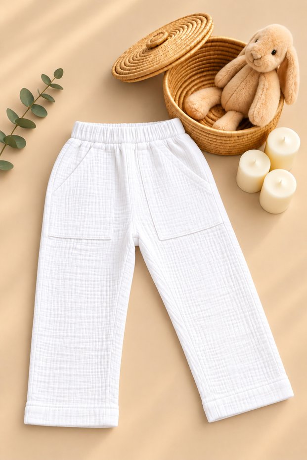 100% Cotton Muslin Children's Pants Girls Boys Unisex | Comfortable Cut Summer - Spring Trousers with Elastic Waist Pockets | 3 Colors | 1-2-3-4 Years Old