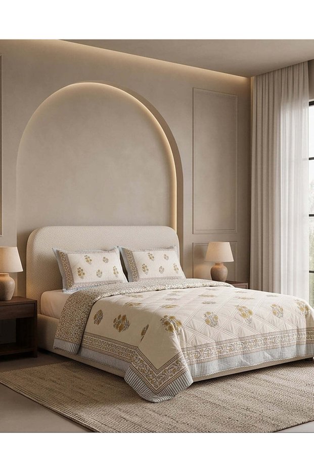 Ivory 3-Piece Jaipuri Printed Quilt (Super King Size)