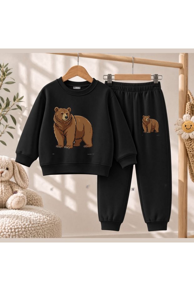 Team Sweatshirt Brown Bear Printed Girls Boys Crew Neck