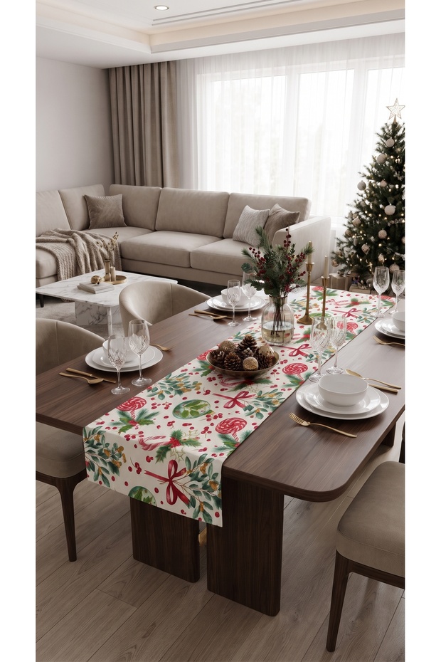 Duck Fabric Runner 40X110 cm – Christmas Candy Cane, Pine Branch and Red Ribbon Pattern, Water Repellent Stain-Resistant Table Runner