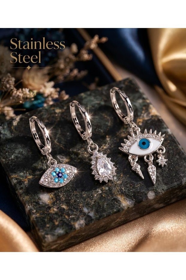 Brass Zircon Stone Eye of Fatma Model Silver Color Earring Set