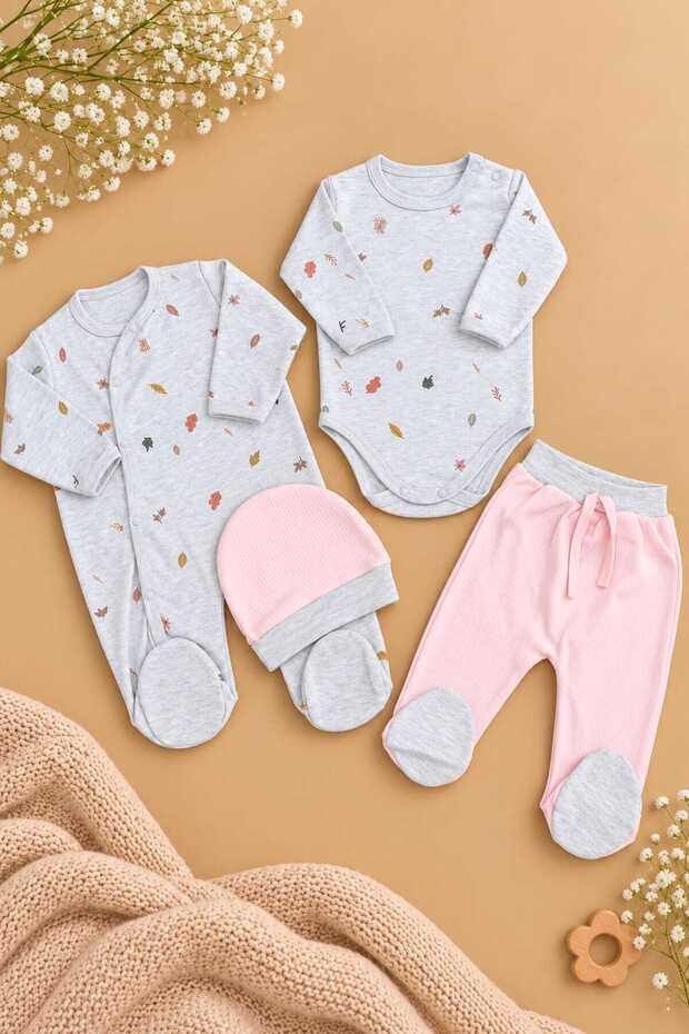 100% Cotton 4-Piece Baby Hospital Discharge Set: Romper, Bodysuit, Hat, Booties, Pants Set