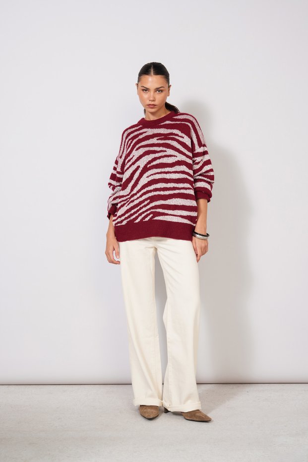 Animal Patterned Sequined Circular Neck Tricot Sweater Burgundy