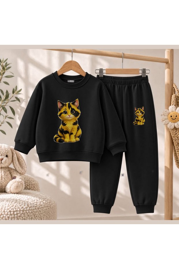 Team Sweatshirt Yellow Cat Print Girls Boys Crew Neck