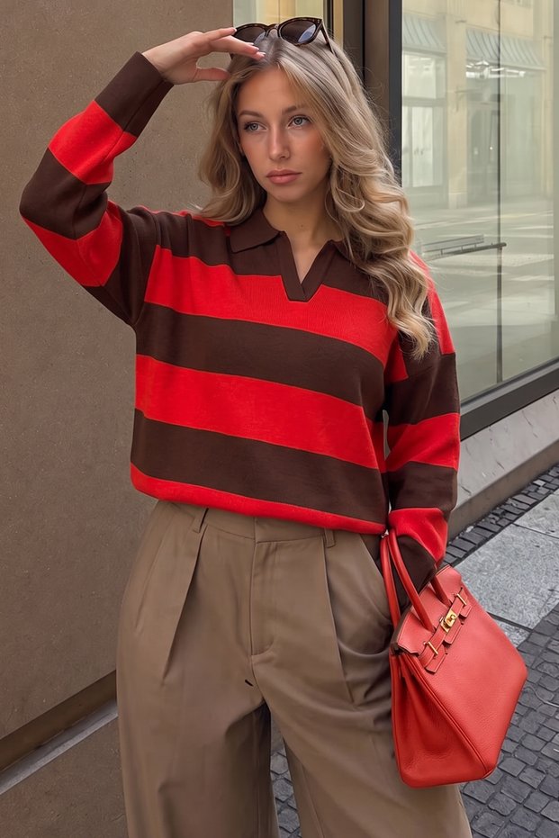 Striped Oversize Polo Collar Knit Sweater Tbsfhm4449