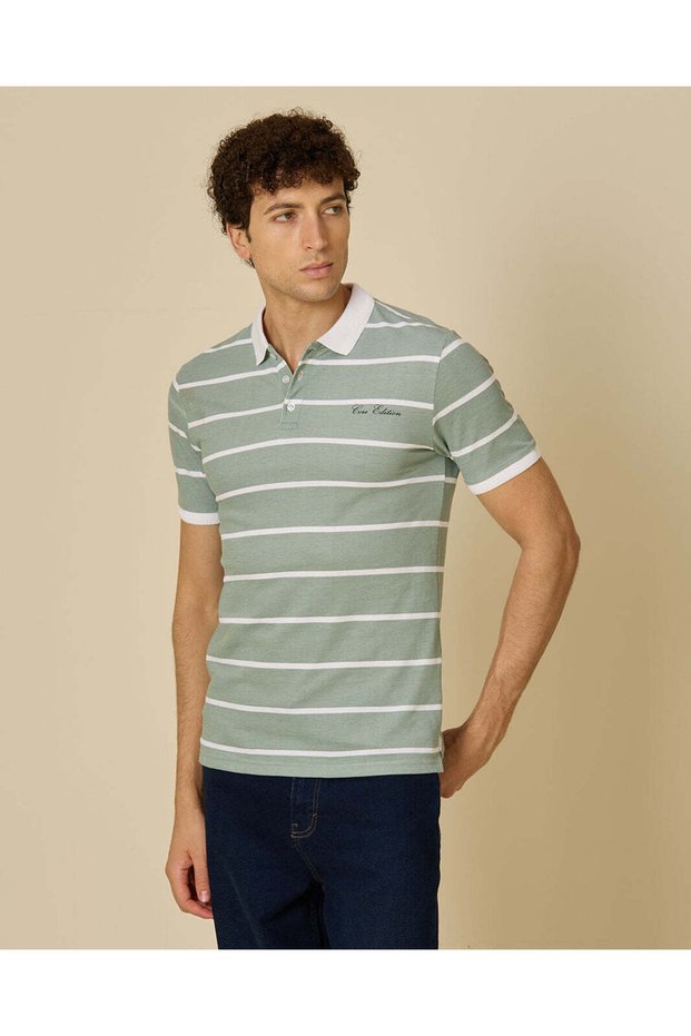 Men Green Striped Polo T-Shirt