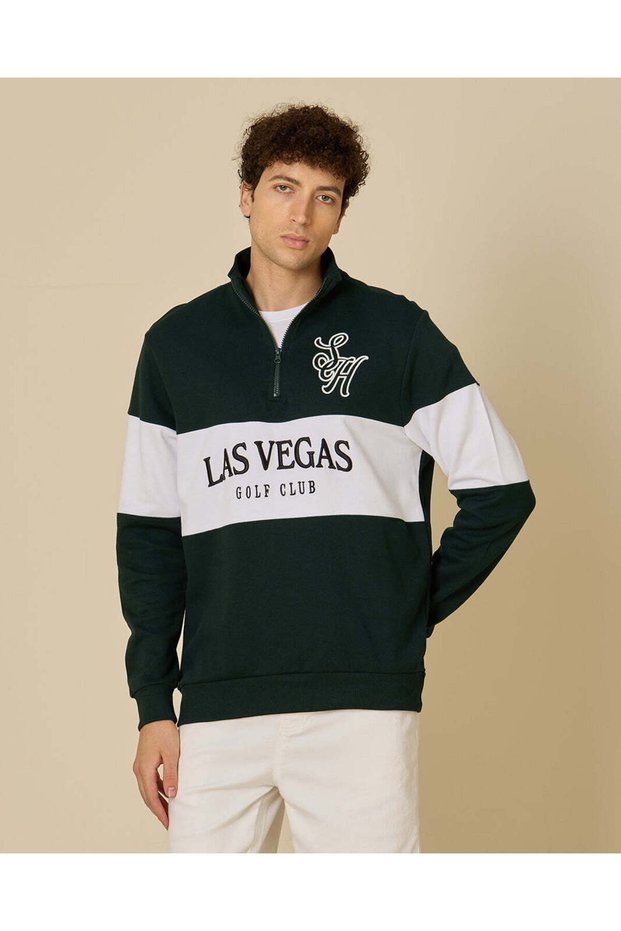 Men Olive Printed Quarter Zip Sweatshirt