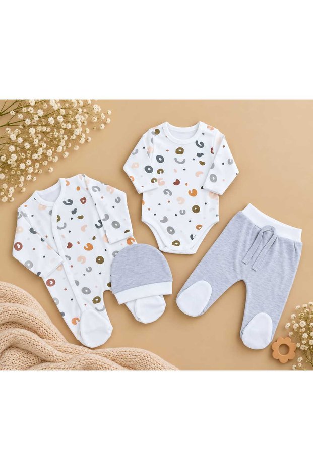 100% Cotton 4-Piece Baby Hospital Discharge Set: Romper, Bodysuit, Hat, Booties, Pants Set