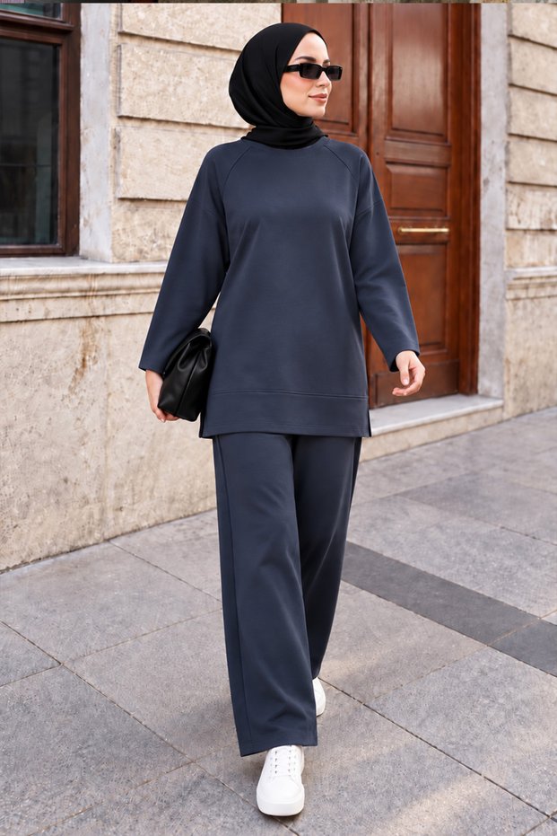 Raglan Sleeve Side Slit Oysho Fabric Anthracite Hijab Pants Set 3012Ant