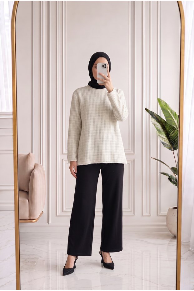 Seyran Fringe Detail Self-Patterned Knitwear Sweater-Kr6021 Stone