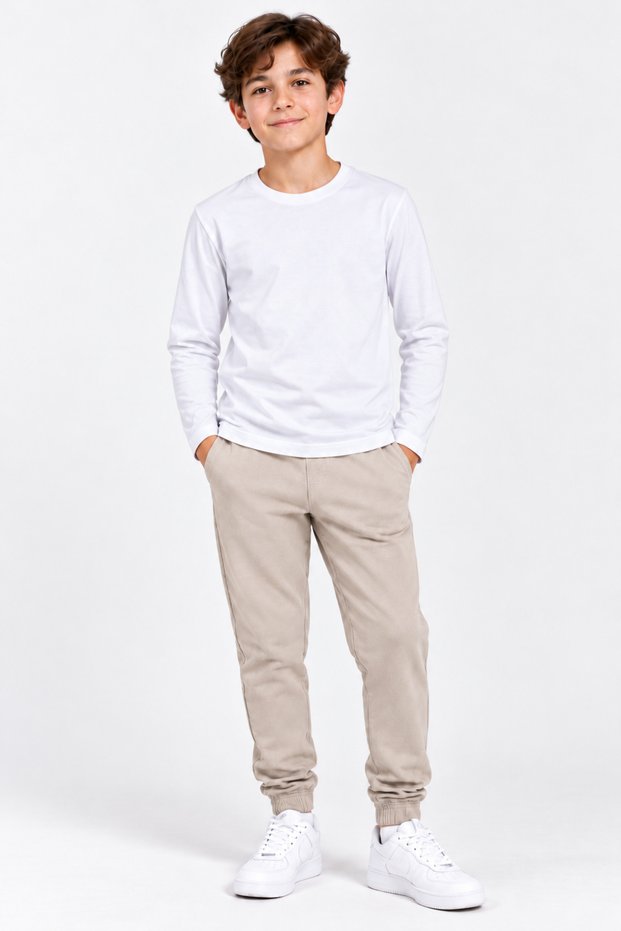 Kids Boy's White 100% Cotton Crew Neck Long Sleeve Basic T-Shirt