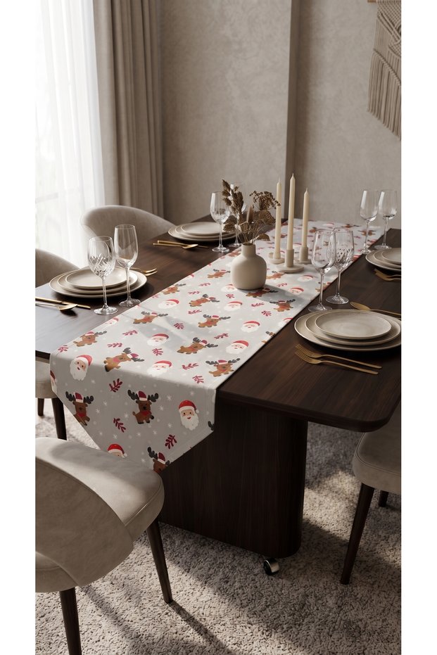 Duck Fabric Triangle End Runner 40X130 cm – Christmas Santa Claus and Reindeer Patterned, Water Repellent Stain-Resistant Decorative Table Runner