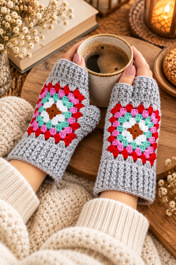 Women's Fingerless Knitted Gloves Gray Hand Knitted Winter Warm Gloves for Daily Use