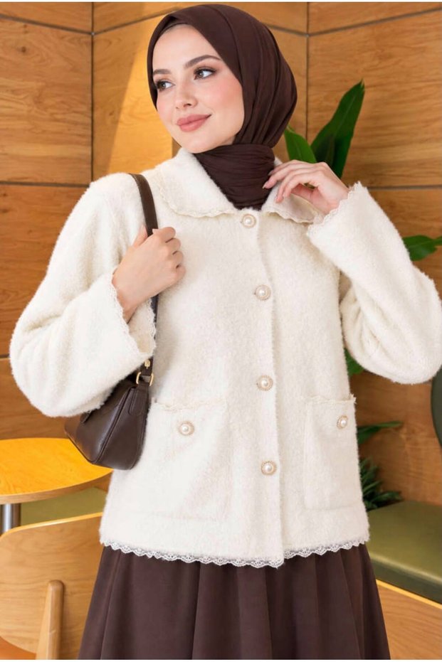 Stylish Knitwear Women's Cardigan with Lace Trim and Pearl Button Detail