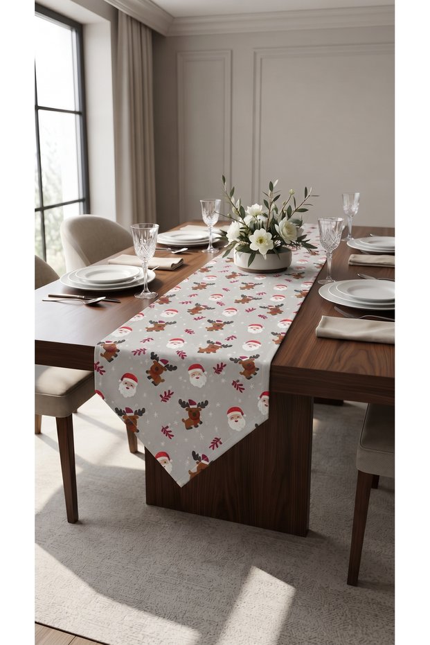 Duck Fabric Triangular Runner 40X110 cm – Christmas Santa Claus and Reindeer Patterned, Water Repellent Stain-Resistant Decorative Table Runner