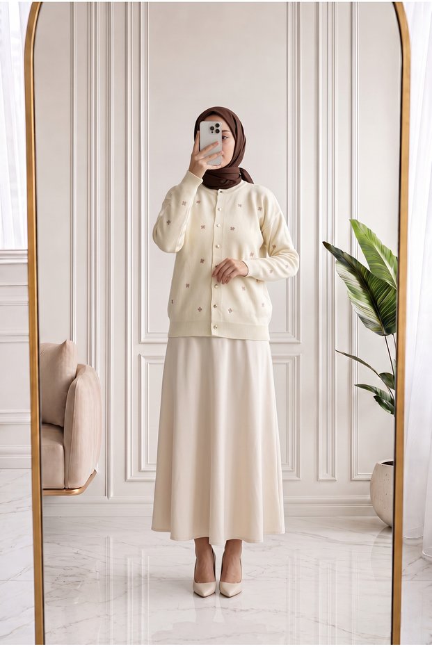 Dilnaz Flower Embroidered Gold Buttoned Knitwear Cardigan-Sy3346 Stone