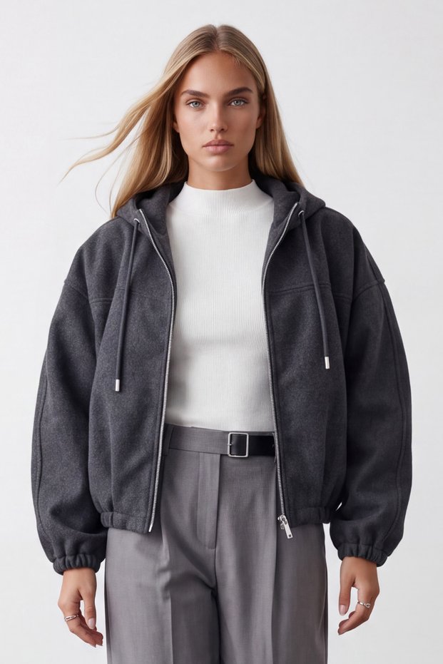 Women's Anthracite Hooded Long Sleeve Zippered Cashmere Coat Alc-X15903