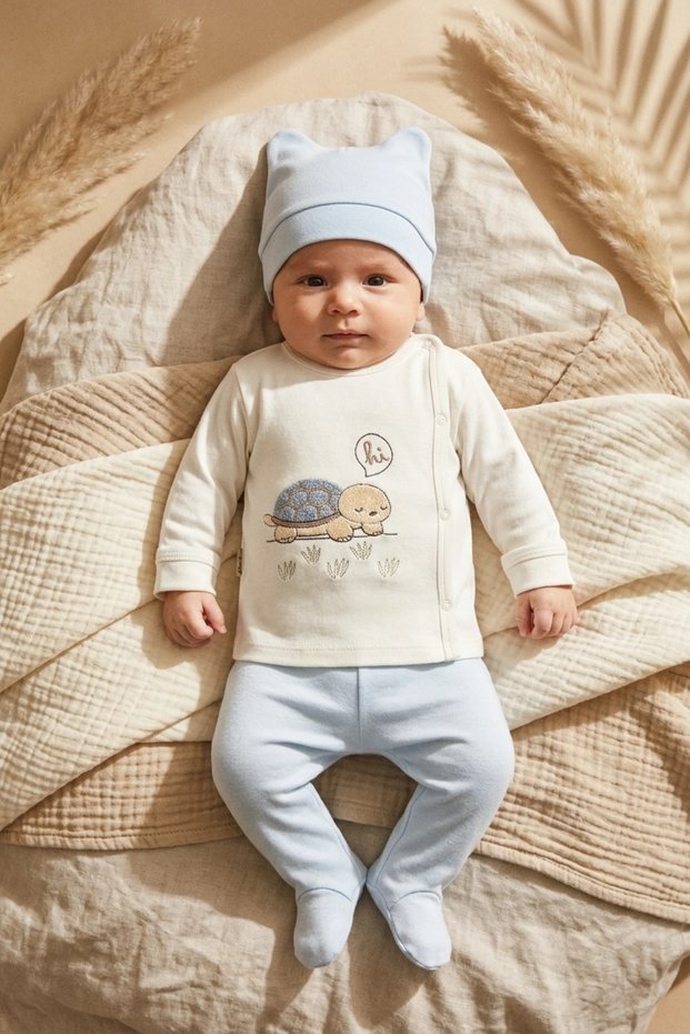 Turtle Hug 100% Cotton 3-Piece Newborn Baby Set 0-3 Months - Top with Side Snaps, Pants with Booties and B