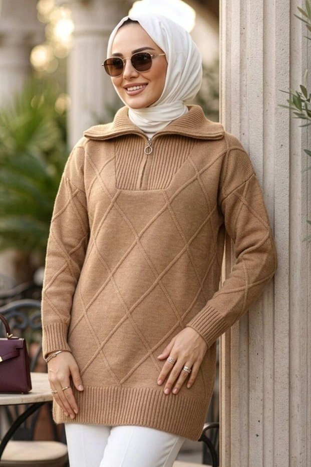Baklava Detailed Camel Hijab Knitwear Sweater 83961C