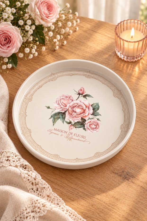 Metal Fruit Plate 26 cm Cream Rose Patterned Nuts and Dessert Presentation Plate