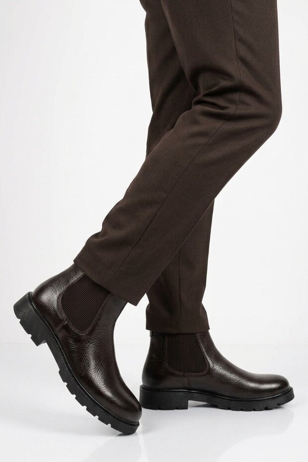 Men's Brown Genuine Leather Chelsea Boots with Side Elastic Rubber Sole 287
