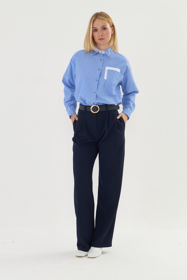 Navy Blue Palazzo Belted Fabric Trousers