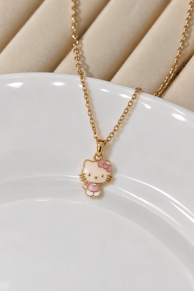 Gold Plated Pink Enamel Hello Kitty Figured Thin Chain Necklace