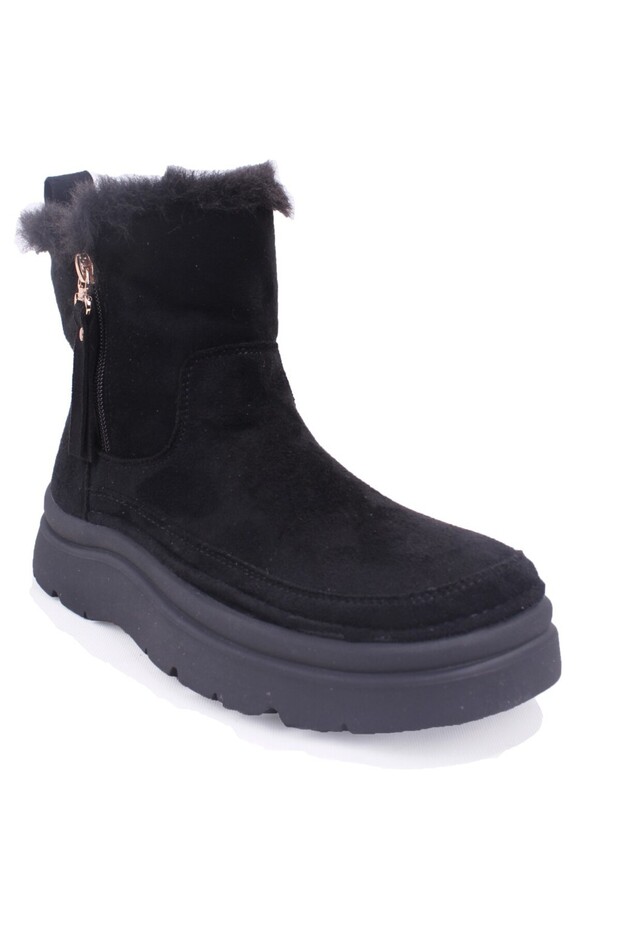 Elara Black Zippered Fur Orthopedic Daily Flat Sole Women's Sports Boots