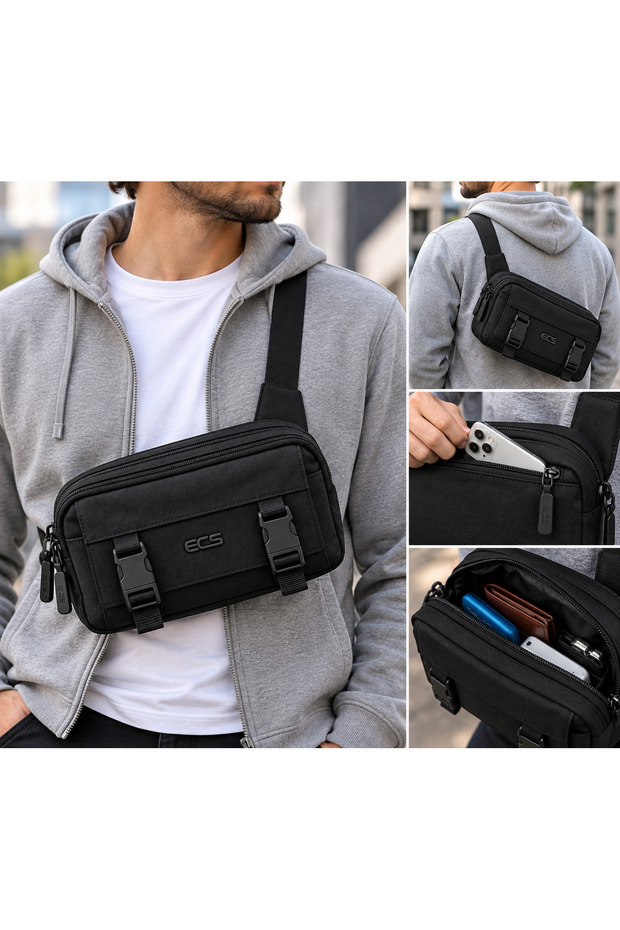 Ecs Unisex Water Resistant Linen Fabric Cross Shoulder Bag with Adjustable Strap Multi-Compartment Daily Use Bag Black