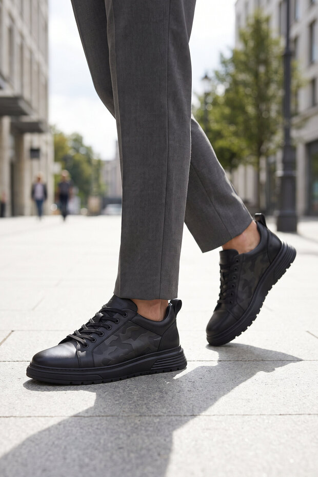 Men's Lace-Up Thick Comfortable Sole Stylish Black Genuine Leather Casual Sneaker Shoes 2592