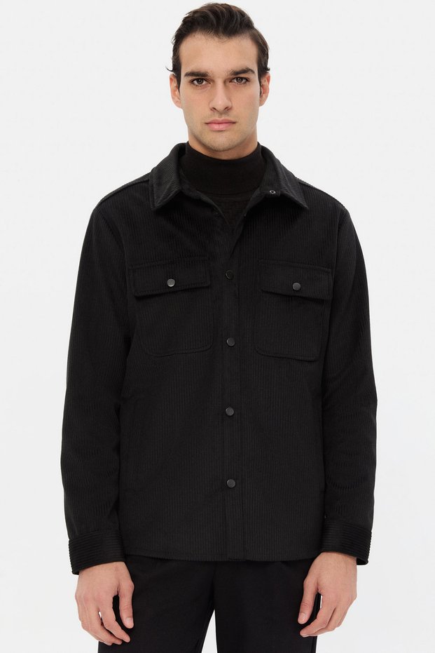 Ds Damat Regular Fit Black Plain Velvet Look Shirt Coat