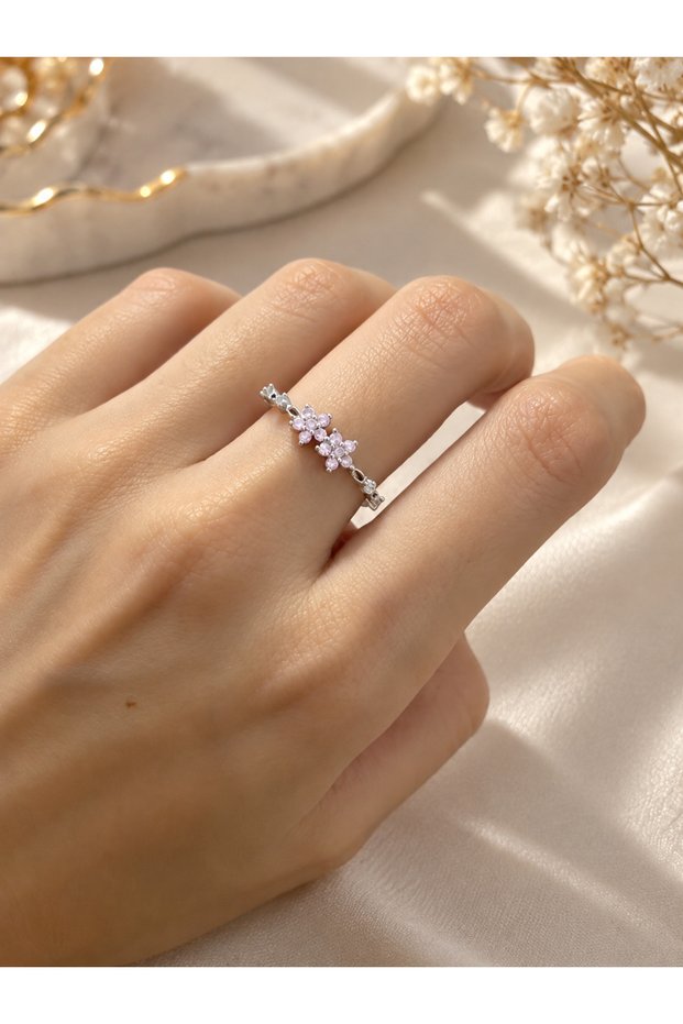 Silver Color Lilac Flower Elegant Stone Women's Ring – Romantic Design with Double Flower Figures