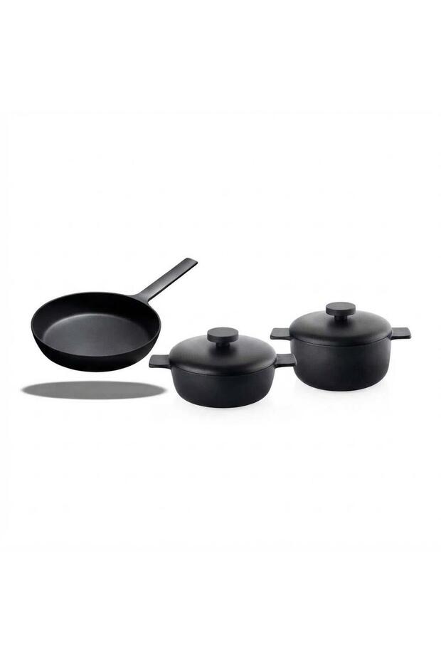 Cast Pro 28 cm Flat Pot and 20 cm Deep Pot Set - Black with Induction Base