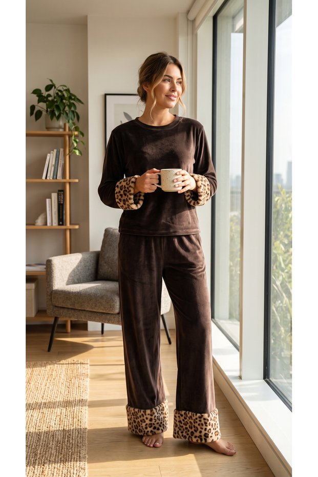 Women's Plus Size Plush Fur Cuffed Velvet Pajama Set Home Wear