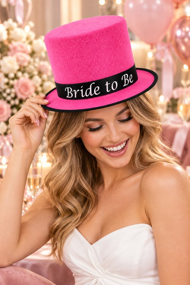Bride to Be Pink Top Hat with Black Lettering and Ribbon Bachelorette Bridal Party Accessory