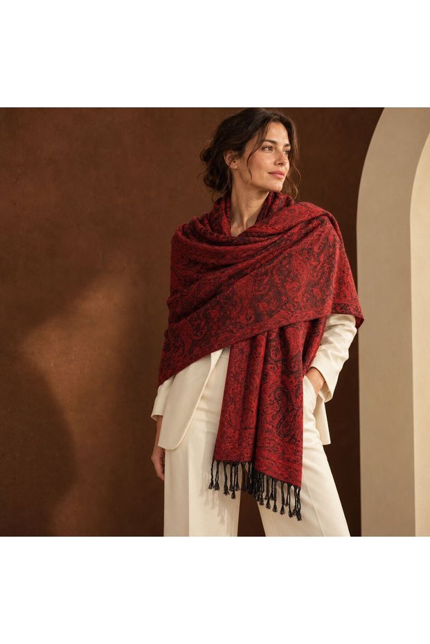 Flr-5029 Red Black Paisley Patterned Double-Sided Pashmina Shawl | Eos Collective