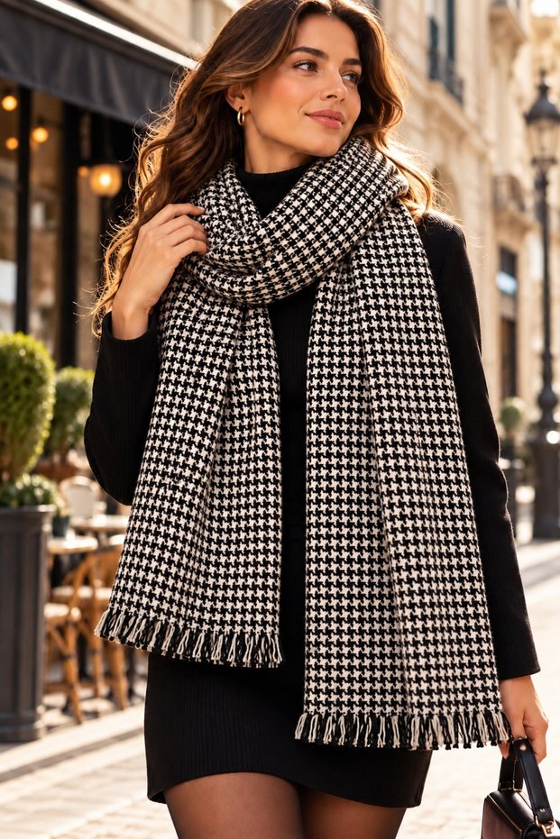 Milena | Women's Winter Shawl 70x180 cm | Black and White Houndstooth Pattern Oversized Tasseled Shoulder Shawl With Scarf
