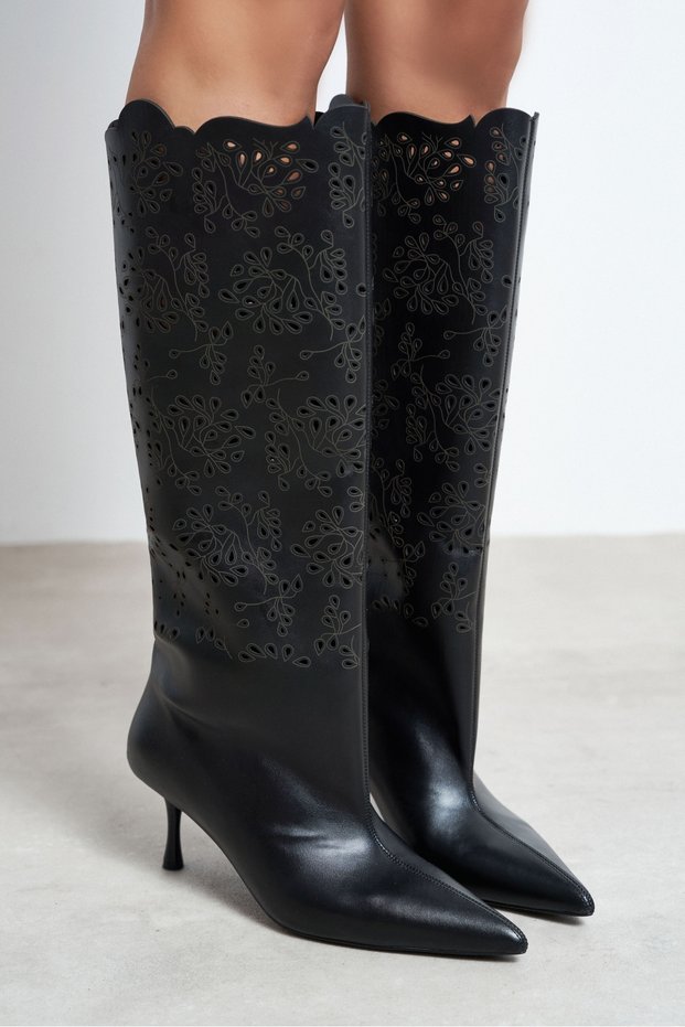 Sora Black Matte Laser Cut Detail Pointed Toe Thin Heeled Women's Boots