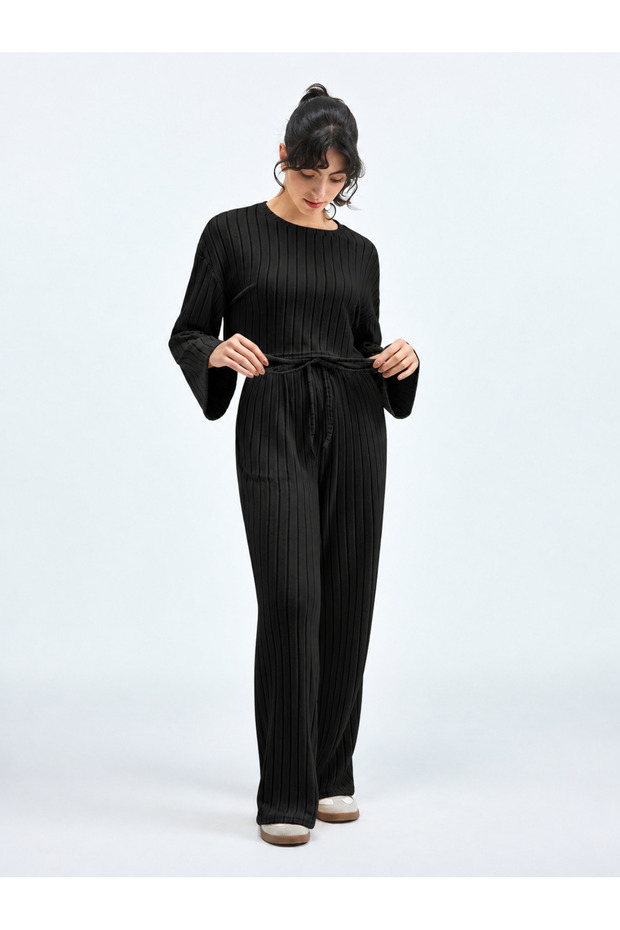 Black Round Neck Long Sleeve Wide Leg Cropped Top and Bottom Set
