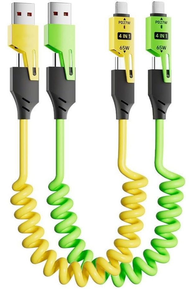 حزمة من 2 كابل شحن سريع ملفوف 4 في 1، سلك قابل للسحب متعدد الأجهزة بقوة 65 واط USB-C PD، بطول 1.2 متر/4 أقدام