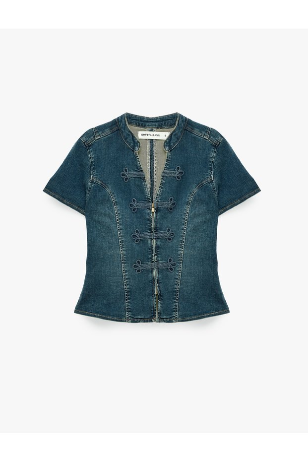 Embroidered Ornate Button Closure Zipper V-Neck Short Sleeve Peplum Denim Blouse